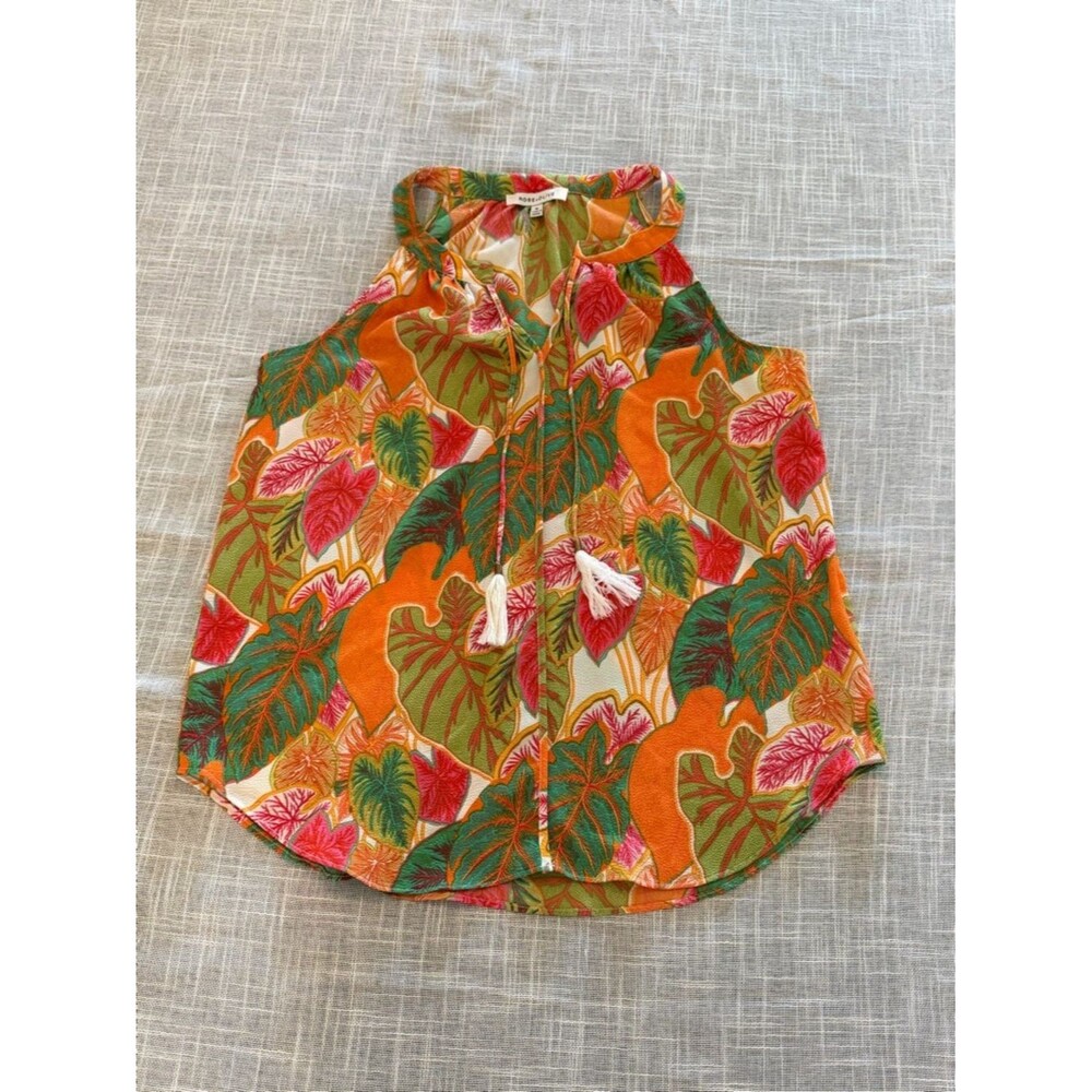 Rose Olive Tropical Sleeveless Blouse Womens Medium Tie Neck - Picture 2 of 9